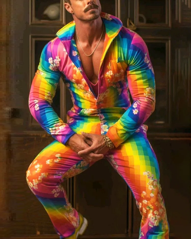 Men's Carnival Personalized Colorful Print Zip Jumpsuit