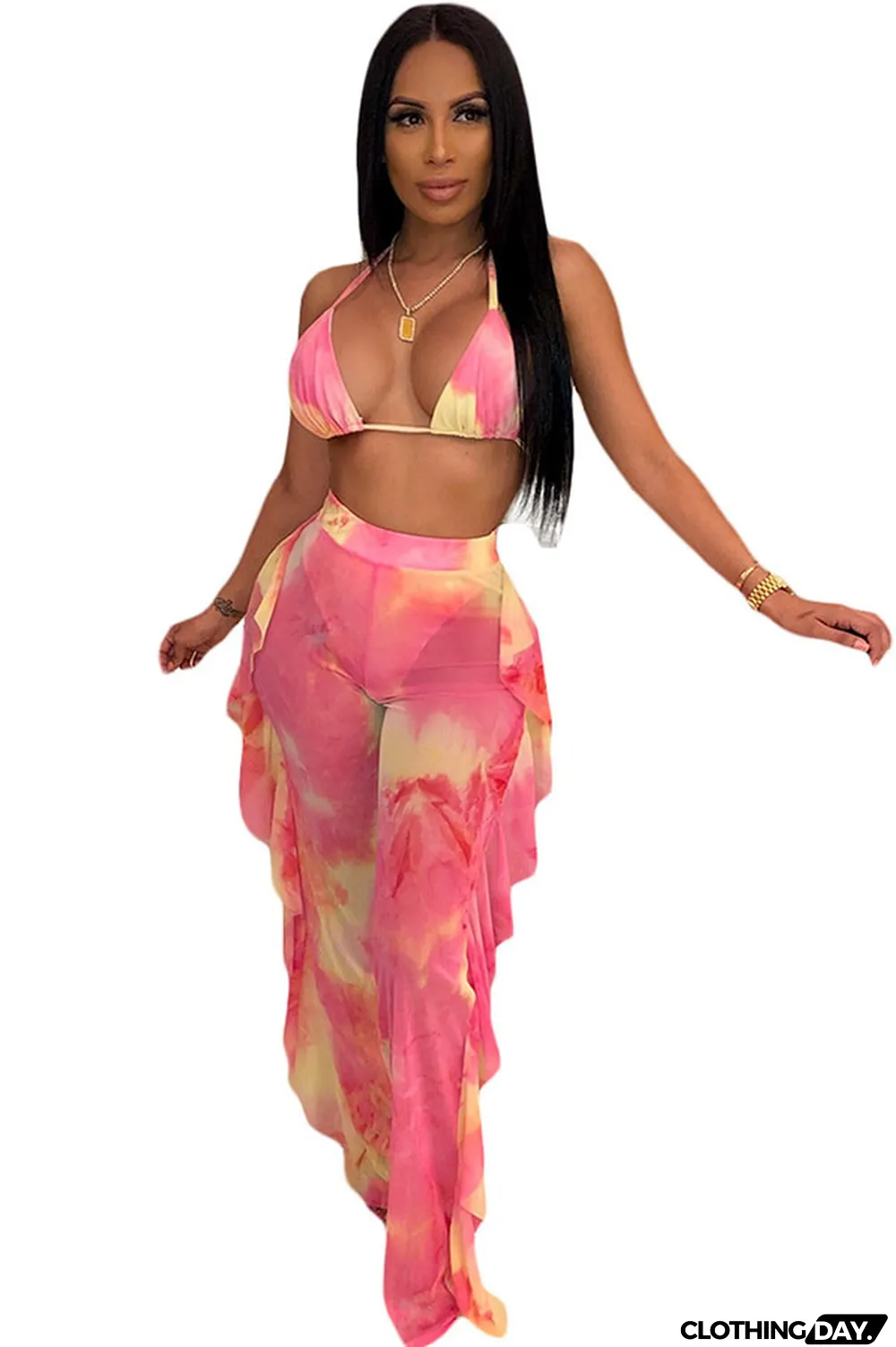 Yellow Polyester Sexy Fashion Stringy selvedge Print Tie Dye Patchwork Loose Sleeveless