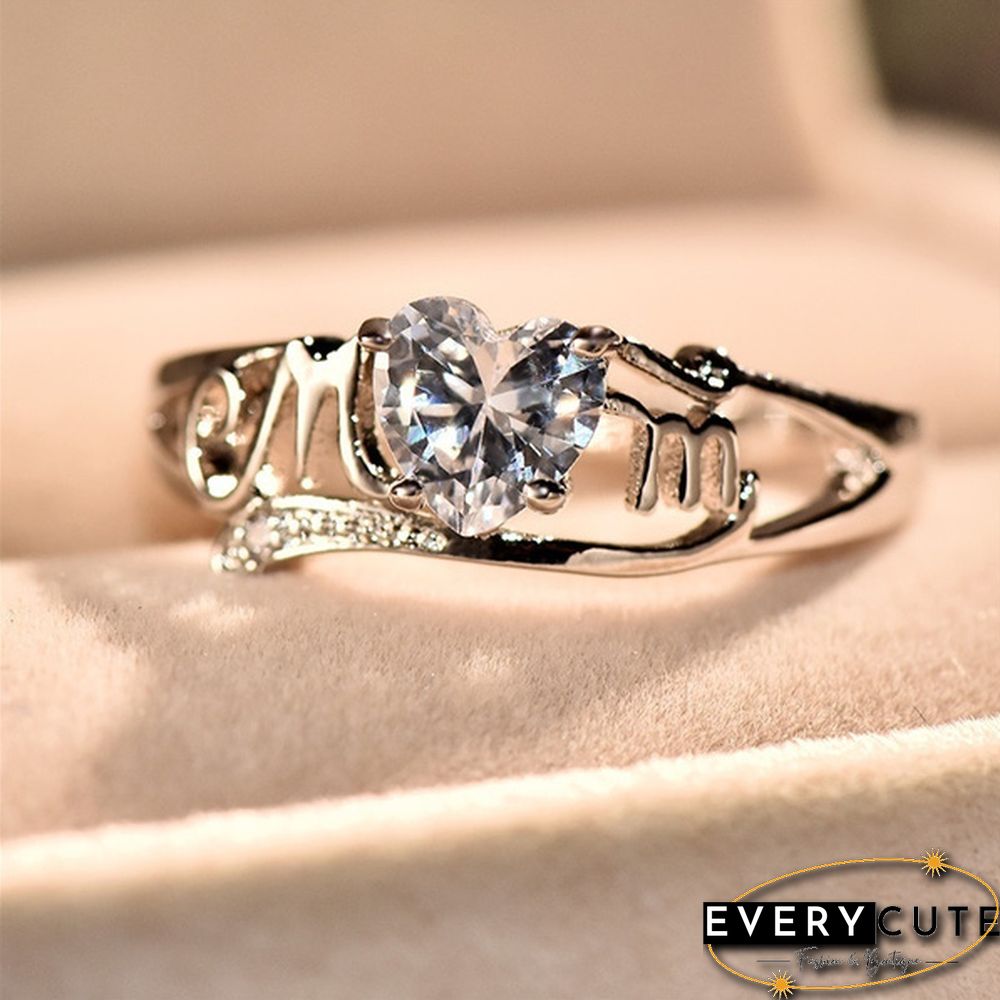 Heart Love Mom 925 Silver White Sapphire Ring Mother's Day Jewelry Gift Size 5-11