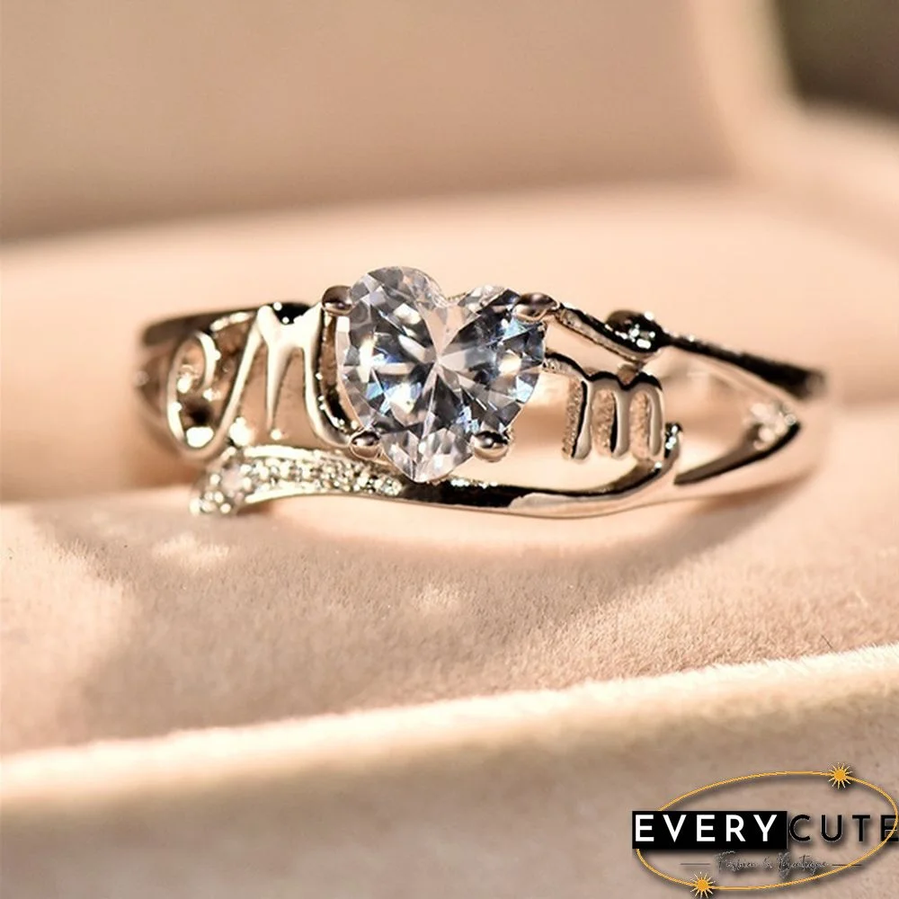 Heart Love Mom 925 Silver White Sapphire Ring Mother's Day Jewelry Gift Size 5-11
