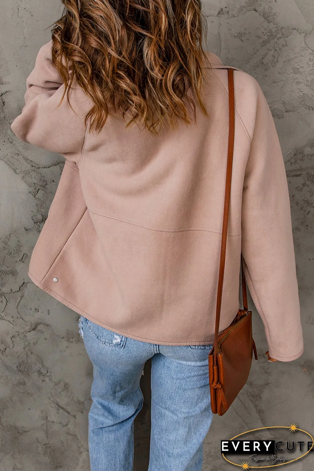 Pink Faux Shearling Lining Snap Button Suede Jacket