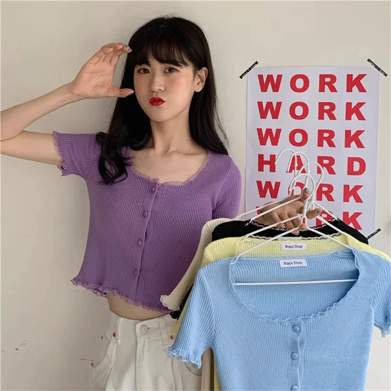 Uveng Uveng Retro Girl Soft Lace Collar Knitted Jersey High-Waisted Short-Sleeved T-Shirt Top