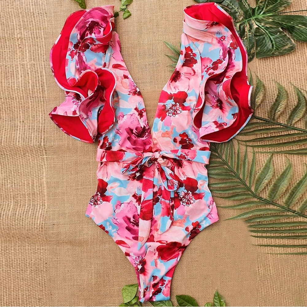 2020 New Sexy Ruffle Print Floral One Piece Strappy Slimming Swimwear Women  Swimsuit Deep-V Bathing Suit Beach Wear Monkini
