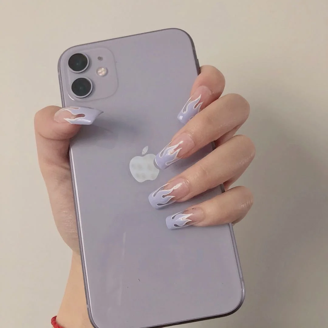 24pcs Light Blue Flame Fake Nails Full cover Fake Nails Glue DIY Manicure Nail Art Tools-Nail Inspo