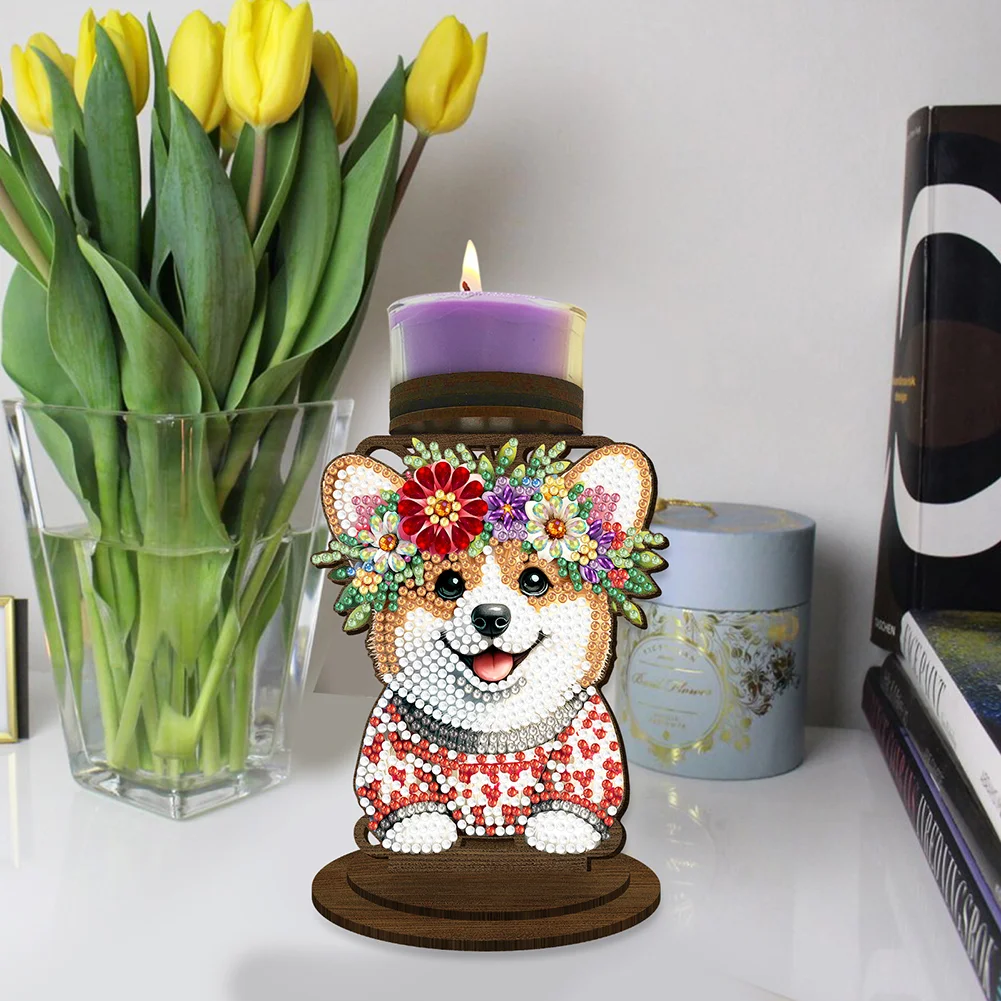 Flower Puppy 5D DIY Diamond Painting Candle Holder Ornaments for Art Crafts