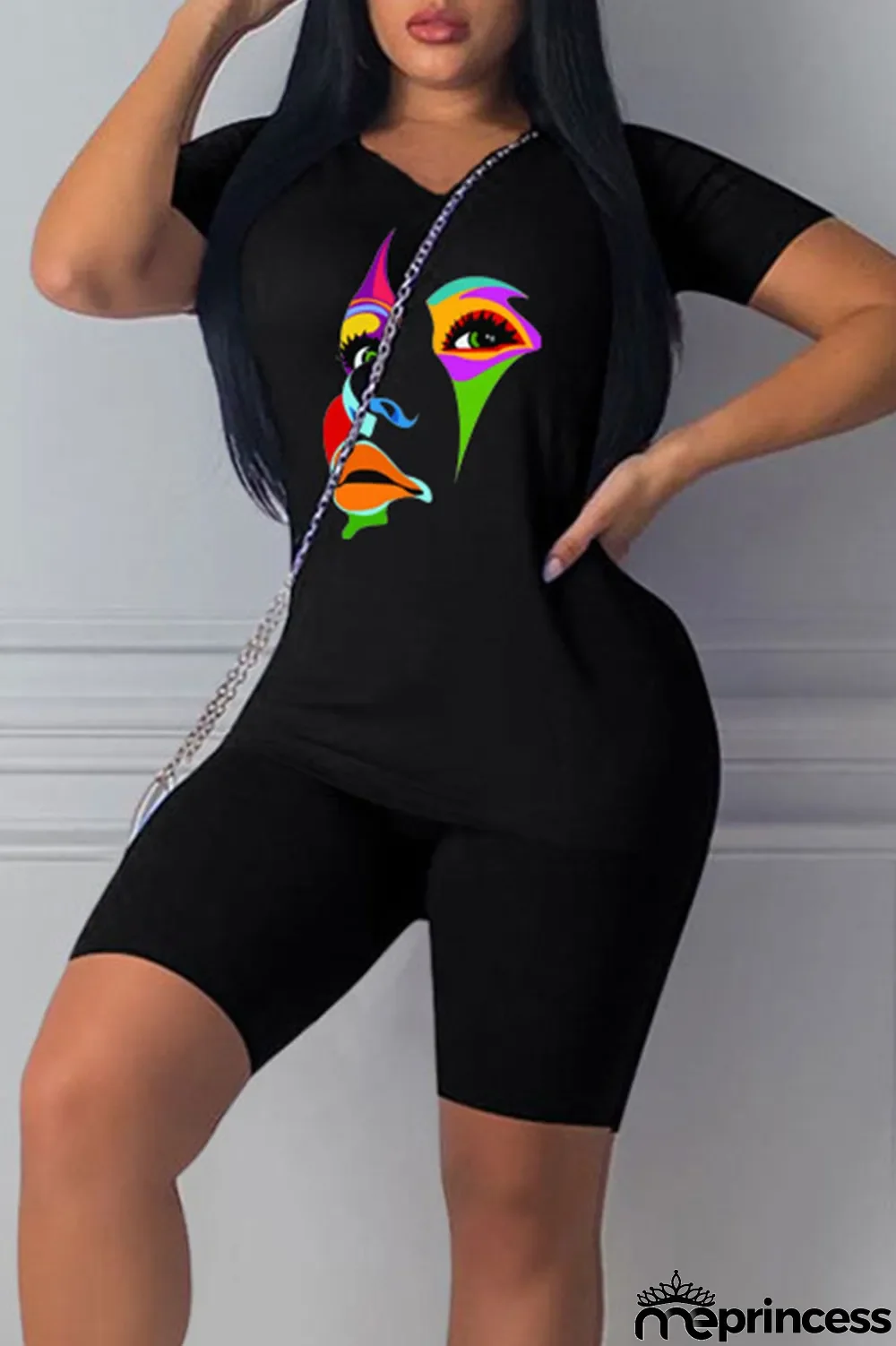 Black Casual Print Patchwork O Neck Short Sleeve Two Pieces