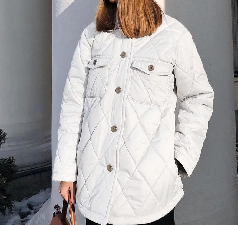 Argyle Casual Buttons Parkas Women Fashion Turn Down Collar Coats Women Elegant Pockets Cotton Jackets Female Ladies
