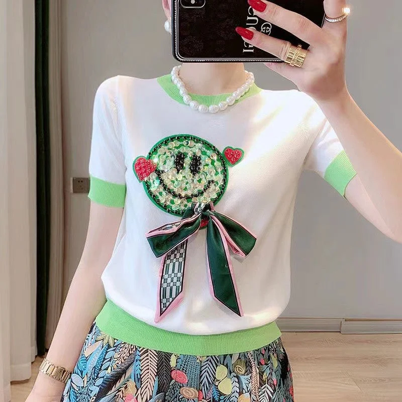 huibahe Smiling Face Sequins Knitted Pullover T-shirt Women Bowtie Short Sleeve O-neck Thin Knitwear Fashion Sweet Ladies Jumpers