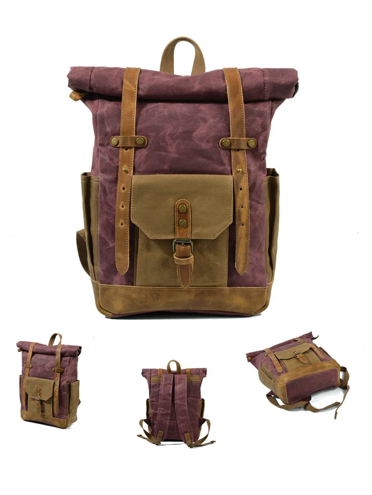 Retro Contrast Color Oil Wax Waterproof Canvas Travel Backpack Computer Bag Large Capacity Outdoor Women's Backpack Men's Bag