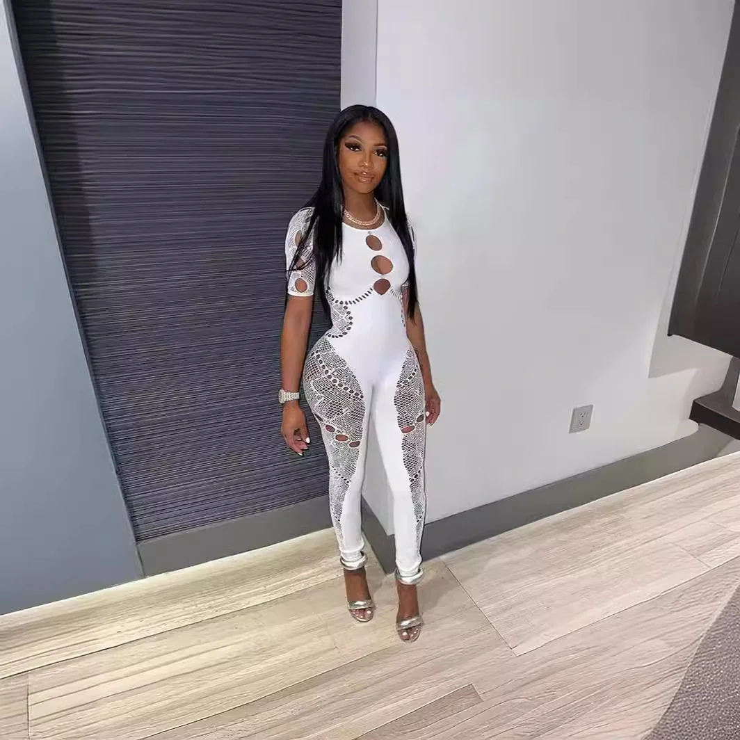 Uveng Uveng Female Solid Color Round Collar Hollow Short Sleeve Lace Sexy Body Knit Short Sleeve Jumpsuit