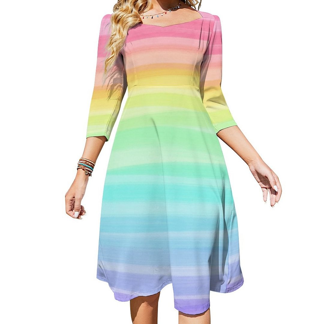 Rainbow Watercolor Colorful Love Is Love Pride Dress Sweetheart Tie Back Flared 3/4 Sleeve Midi Dresses