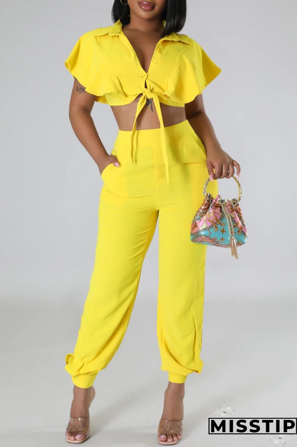 Yellow Casual Solid Frenulum V Neck Short Sleeve Two Pieces