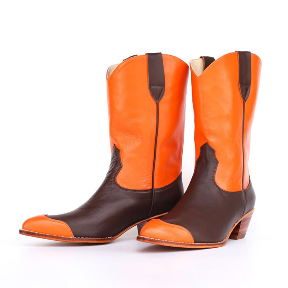 Brown & Orange Zipper Pointed Toe Chunky Heel Mid-Calf Cowgirl Boots Nicepairs