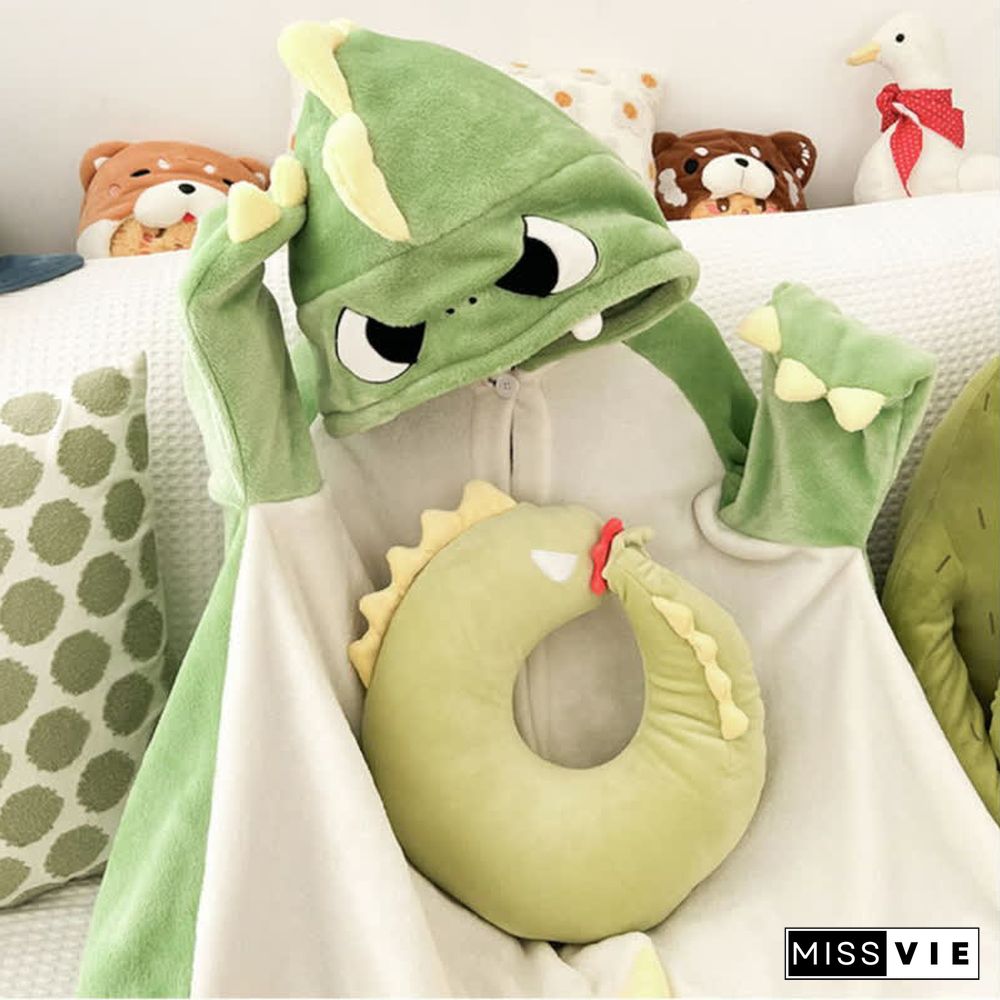 Pre-Order Cartoon Dinosaur Wearable Hooded Blanket Neck Pillow Two Pieces