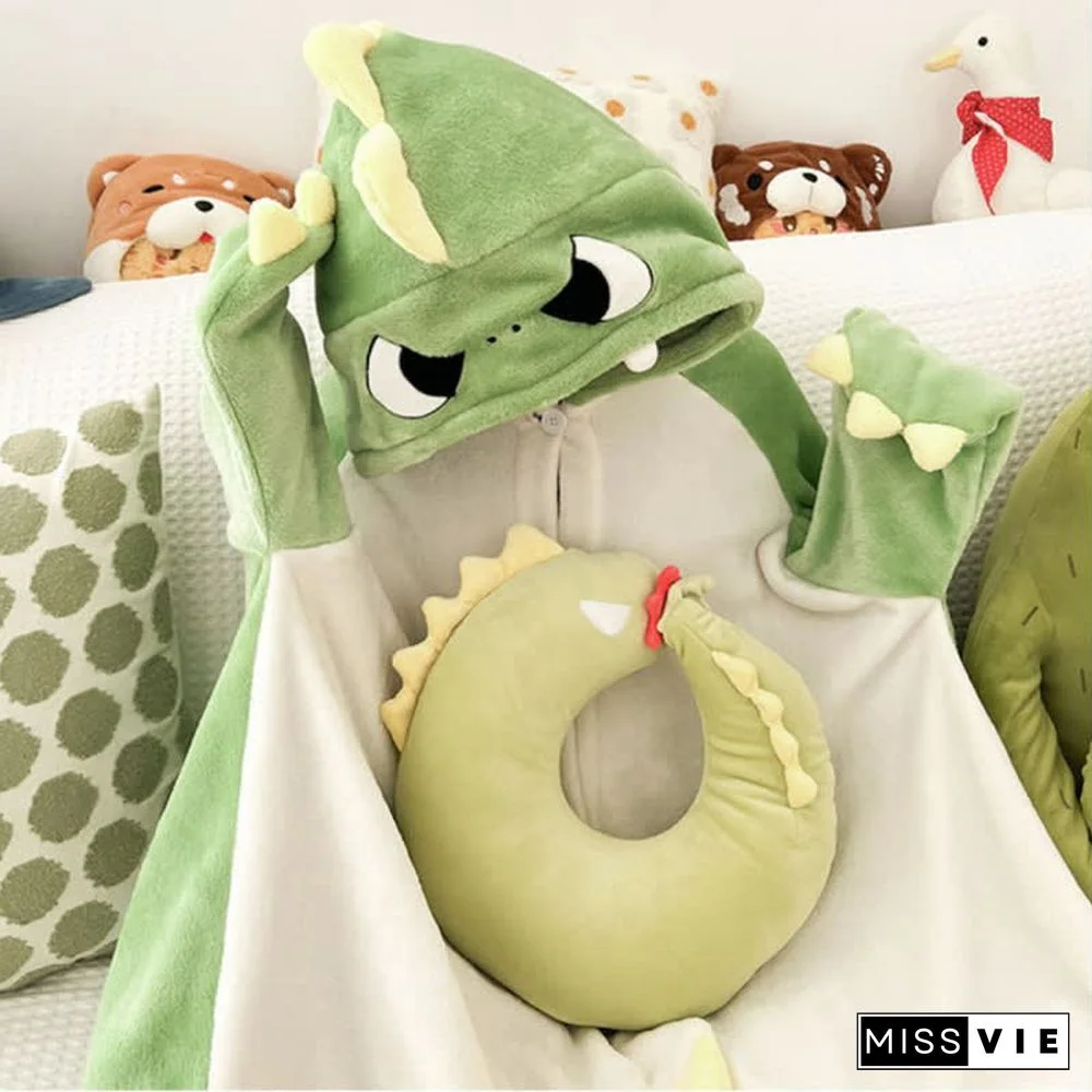 Pre-Order Cartoon Dinosaur Wearable Hooded Blanket Neck Pillow Two Pieces