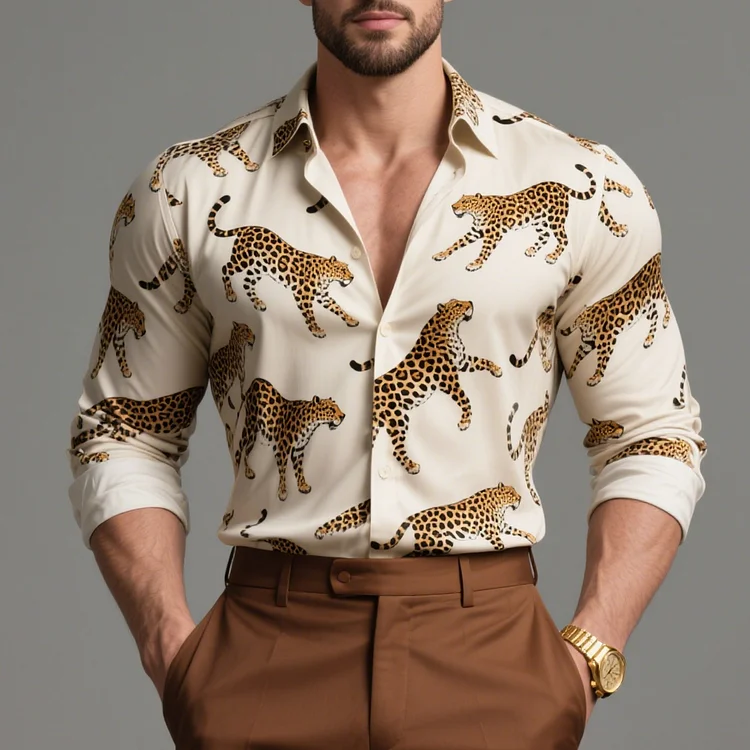 Okaywear Cheetah Pattern Button Long Sleeve Shirt Okaywear