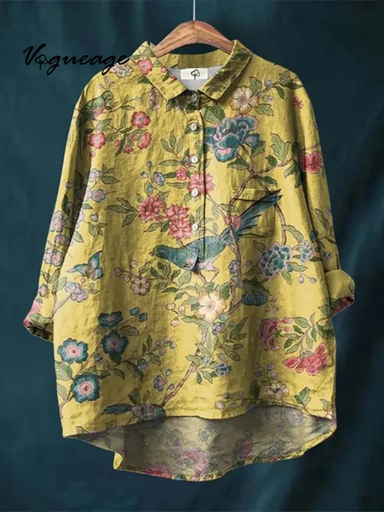 Ancient Ink Painting Of Plants, Flowers And Birds Print Cotton And Linen Shirt