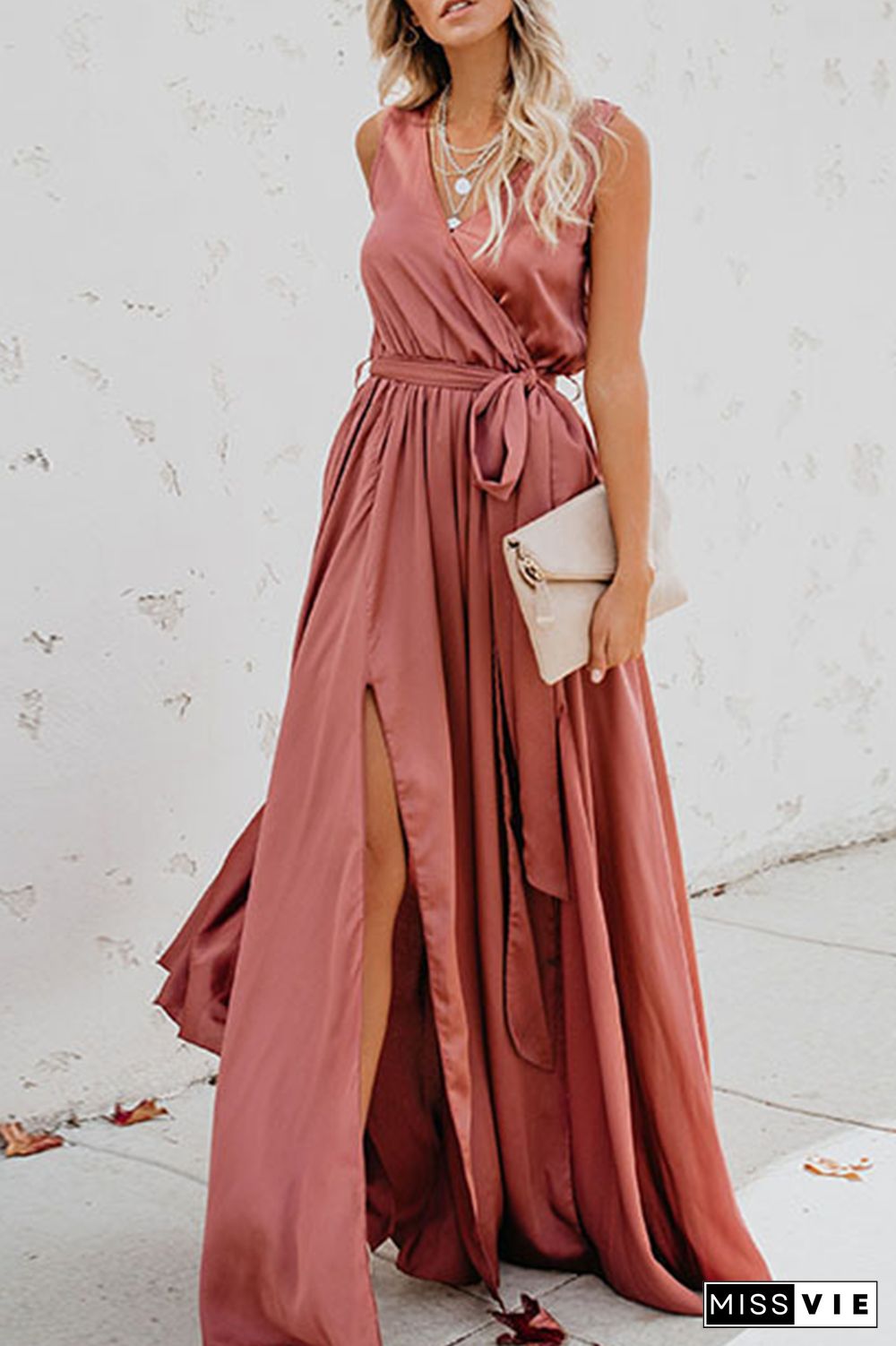 Casual Bohemian Solid High Opening With Belt V Neck Dresses