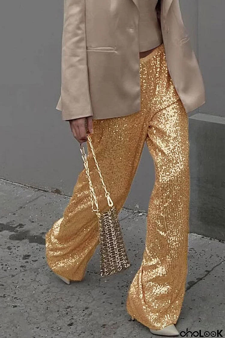 Solid Sequins Straight Long Pants