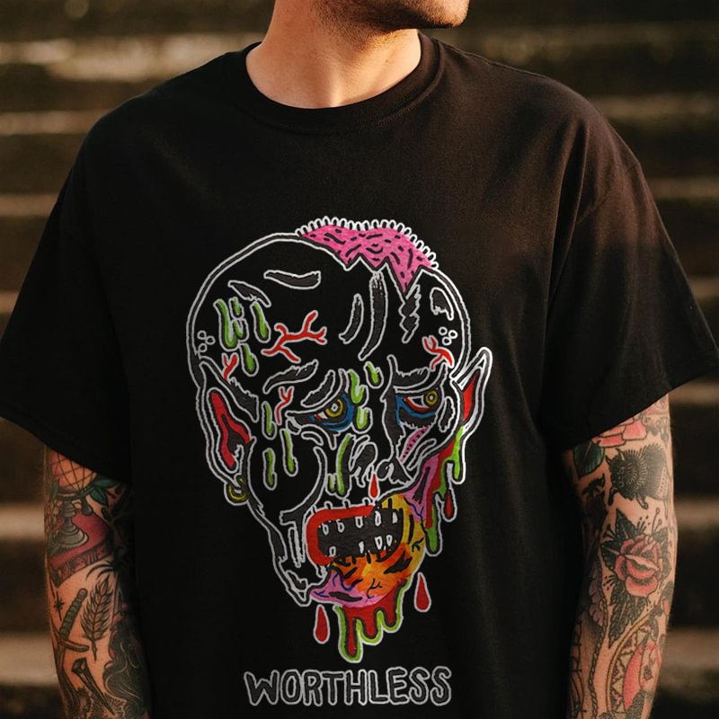 Graffiti skull worthless printed designer T-shirt - Krazyskull