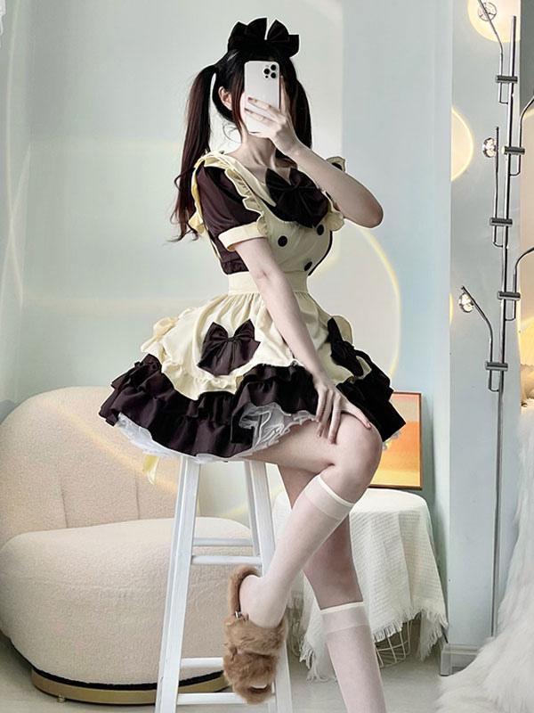 Sweet Brown Polyester Short Sleeve Short Bow Ruffle Lolita Dress 