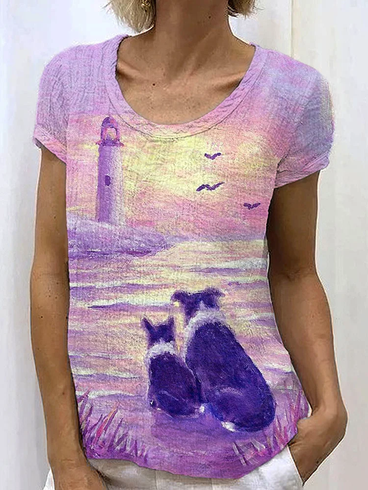 Sheepdog Oil Painting Style Linen Round Neck Short Sleeve T-Shirt