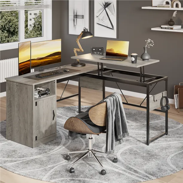 Bestier 95.2" L Shaped desk with Lift Top, Sit to Stand Corner Computer Desk with Cabinet for Home Office
