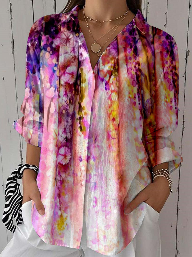 Women 3/4 Sleeve Shirt Collar Striped Printed Graphic Button Tops