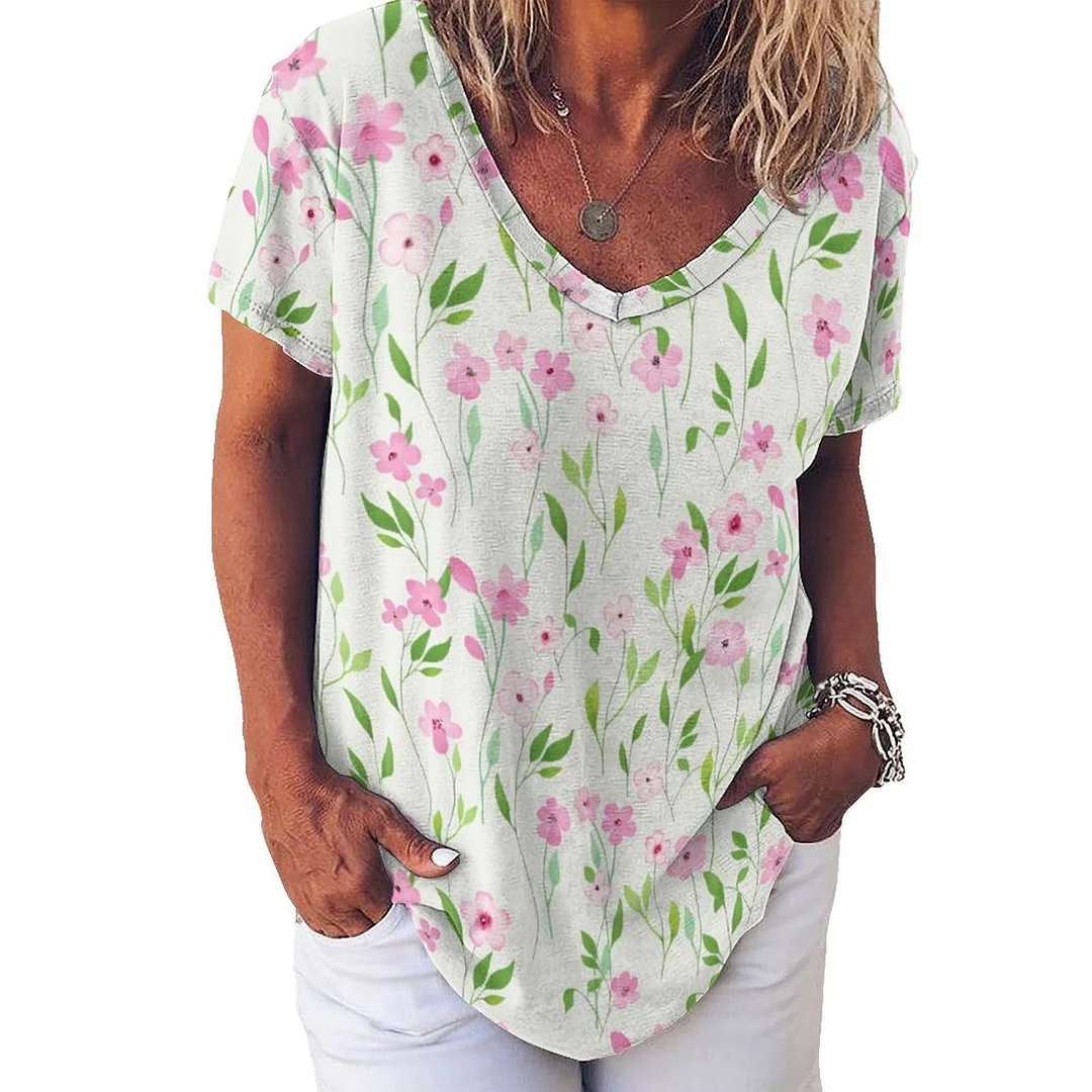 Style & Comfort for Mature Women V-neck Short Sleeve Casual T-shirt for  Women Printed with Pattern Floral, Green, Pink
