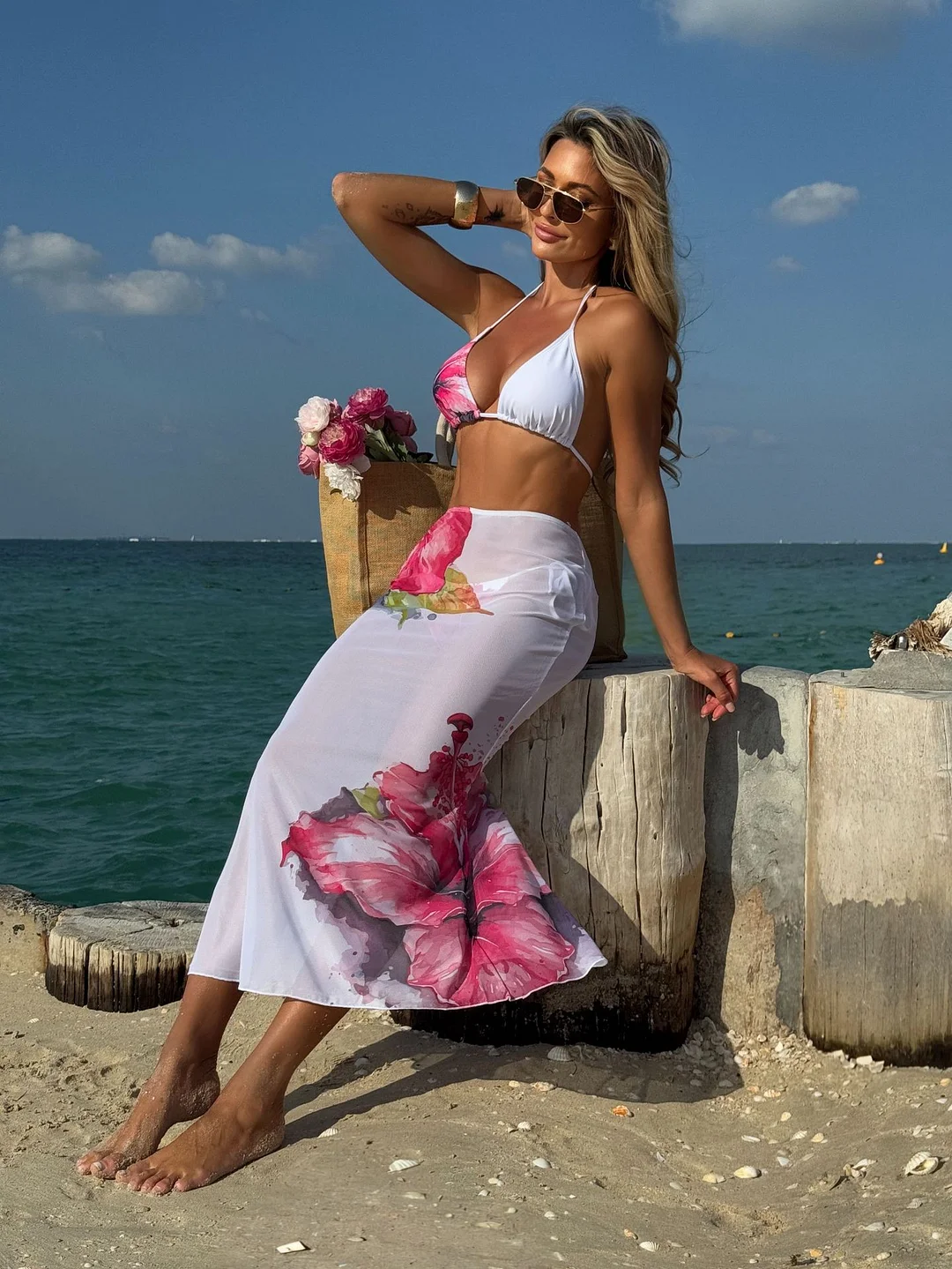 Uveng 2025 New Fixed-Print Large Floral Three-Piece Mesh Dress Sexy Bikini