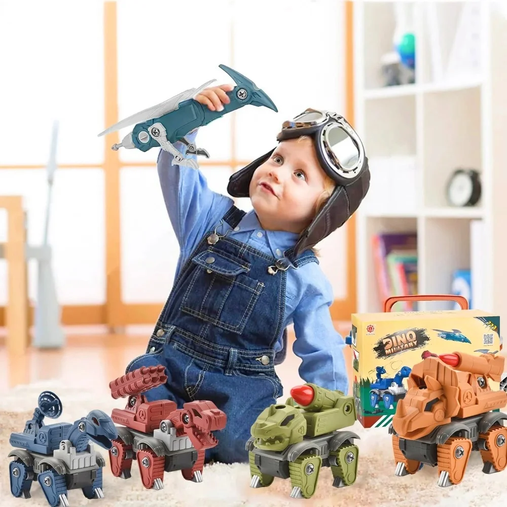 DOMETOUR 5 Pack Take Part Dinosaur Toys for Boys, Kids Toys STEM Educational Construction Building Toys with Electric Drill, Kids Birthday Gift