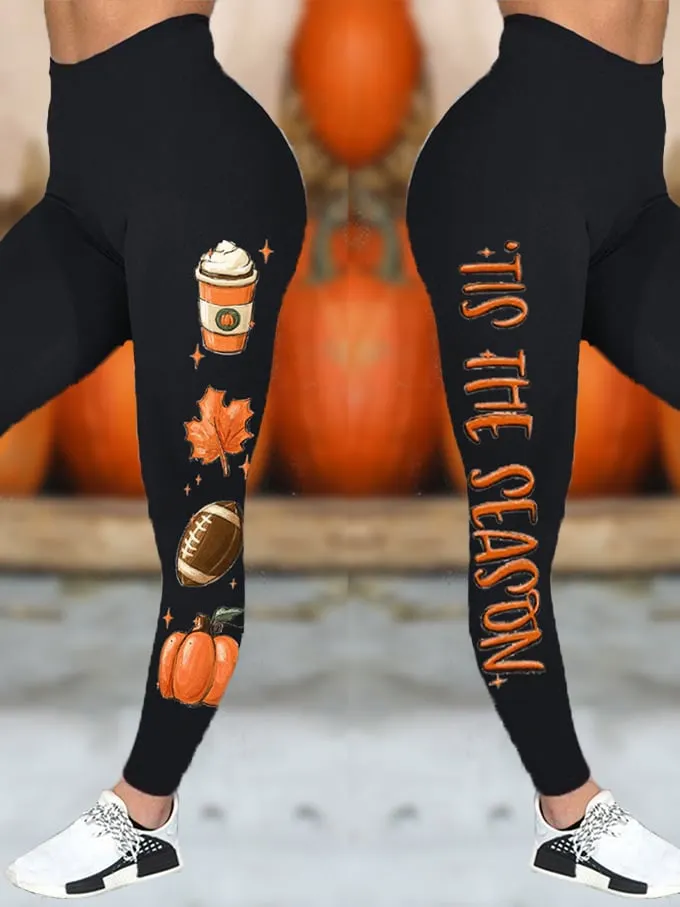 Women's Tis The Season Football Fall Drinking Maple Leaf Yoga Leggings 