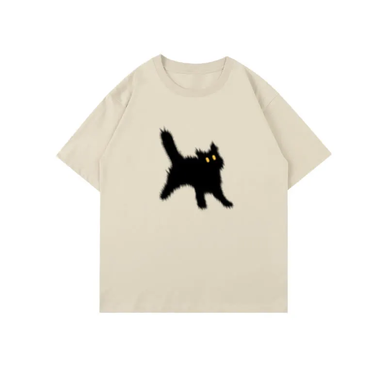 Cartoon Cat Print Round Collar Oversized T-Shirt