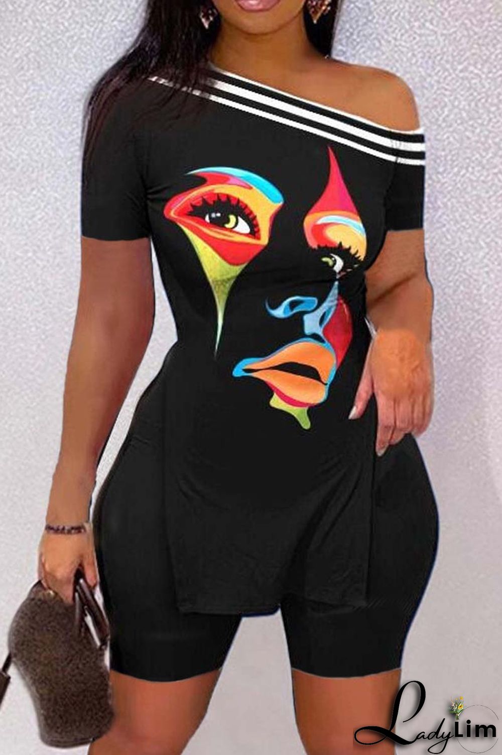 Black Casual Print Slit Oblique Collar Short Sleeve Two Pieces