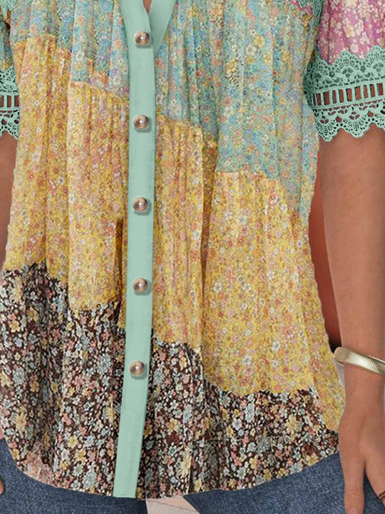 Women Short Sleeve V-neck Floral Printed Graphic Lace Hollow Stitching Button Tops