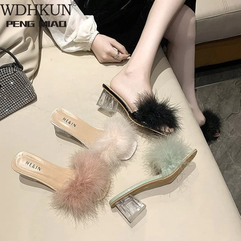 Woman Shoes Transparent Crystal High Heels Woman Feather Fur Slippers Pumps Women Peep Toe Lady Cute Plush Slippers 2021