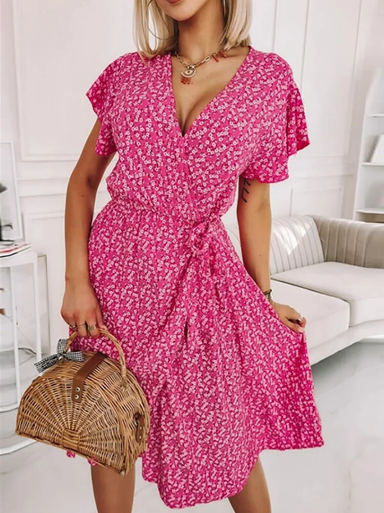 Women V-neck Floral Print Short Sleeved Short Dress Summer Lace-up Waist A-line Boho Slim Mini Dress Elegant Female Clothes