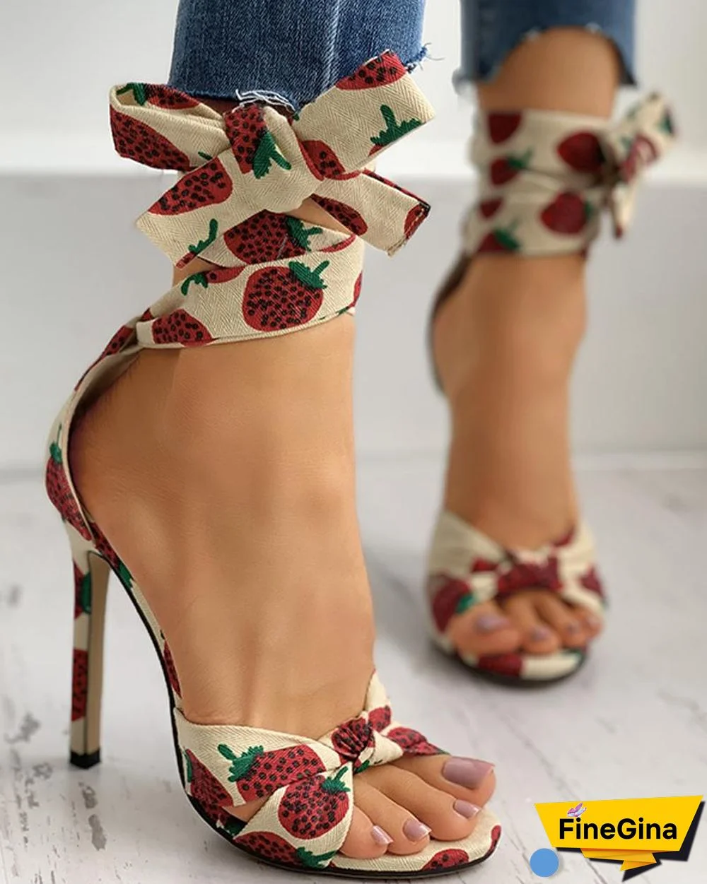 Fruit Print Twisted Detail Peep Toe Stiletto Heel