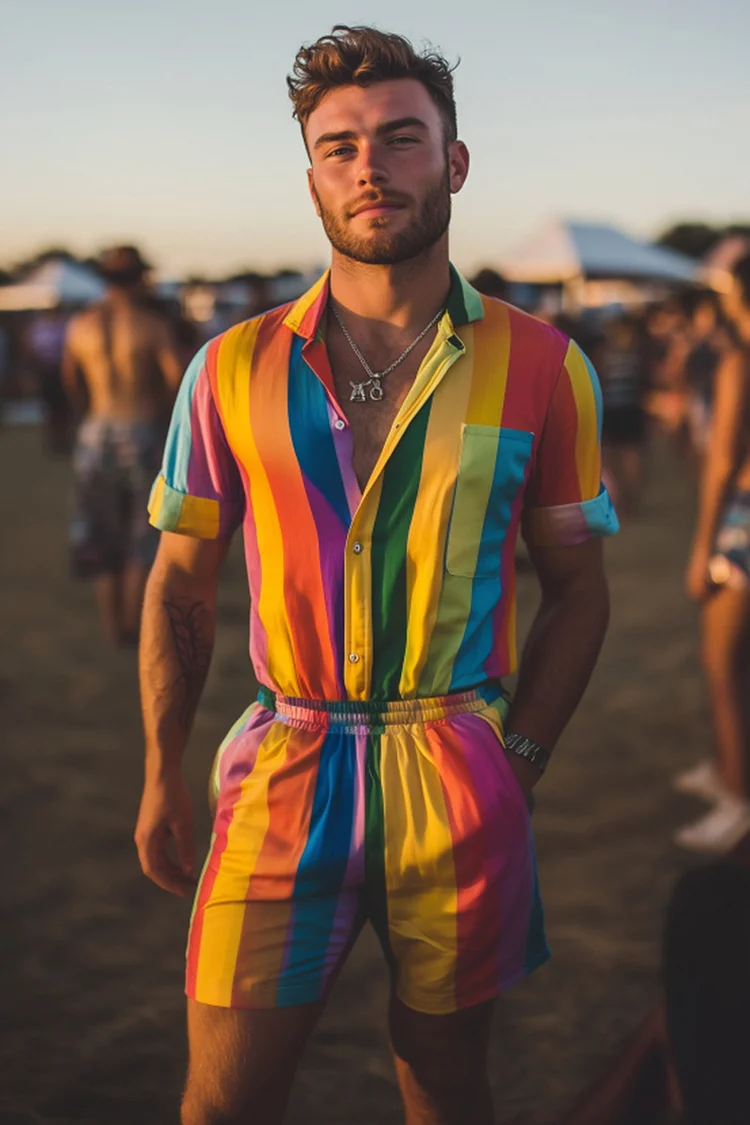 Men's Rainbow Stripe Elastic Waist Pride Festival Romper [Pre-Order]