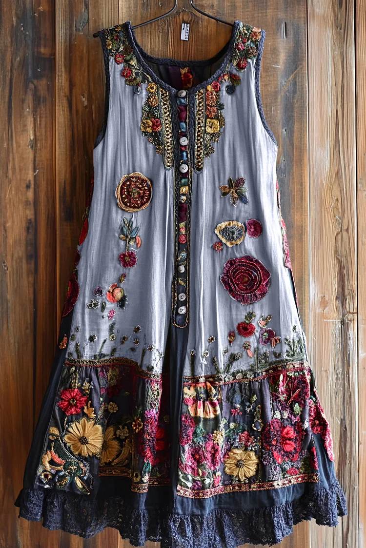 Vintage Floral Lace Patchwork Art Comfy Sleeveless Dress