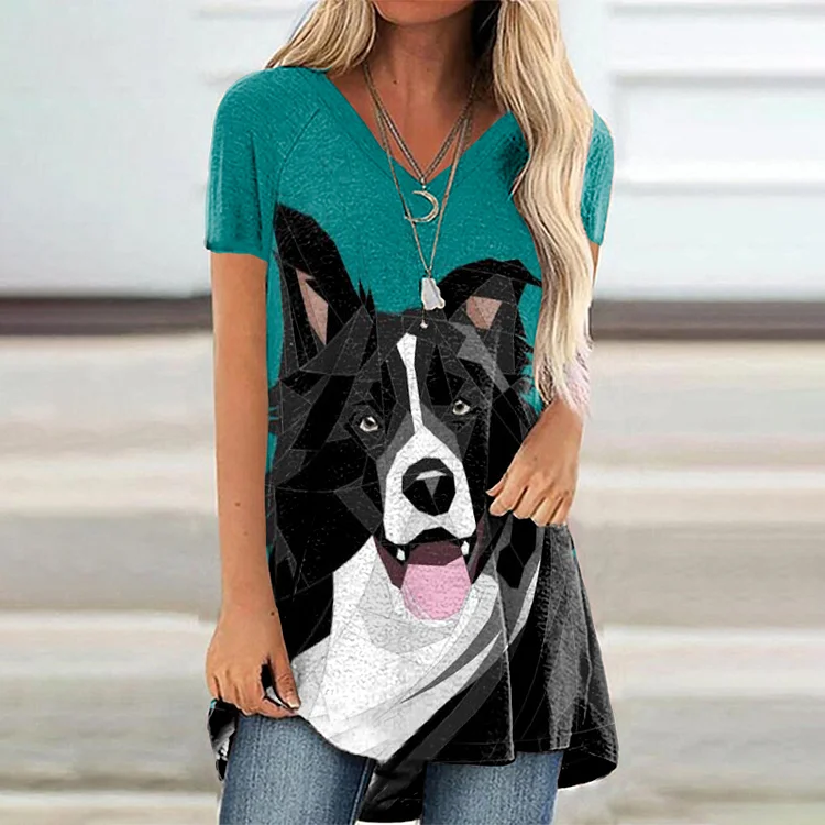 Casual V Neck Collie Print Tunic