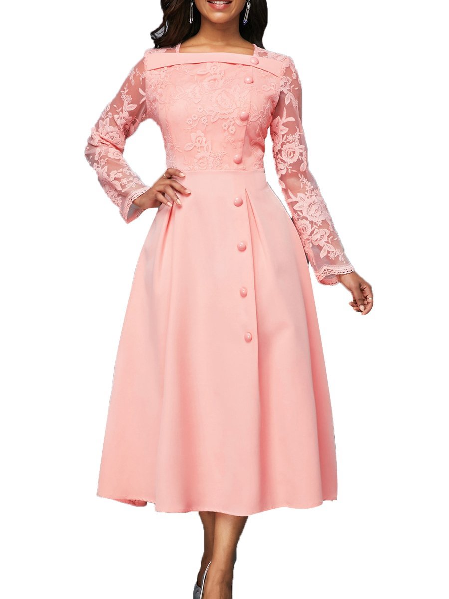Lace Dresses Square Neck High Waist Single Breasted Plus Size Swing Dresses