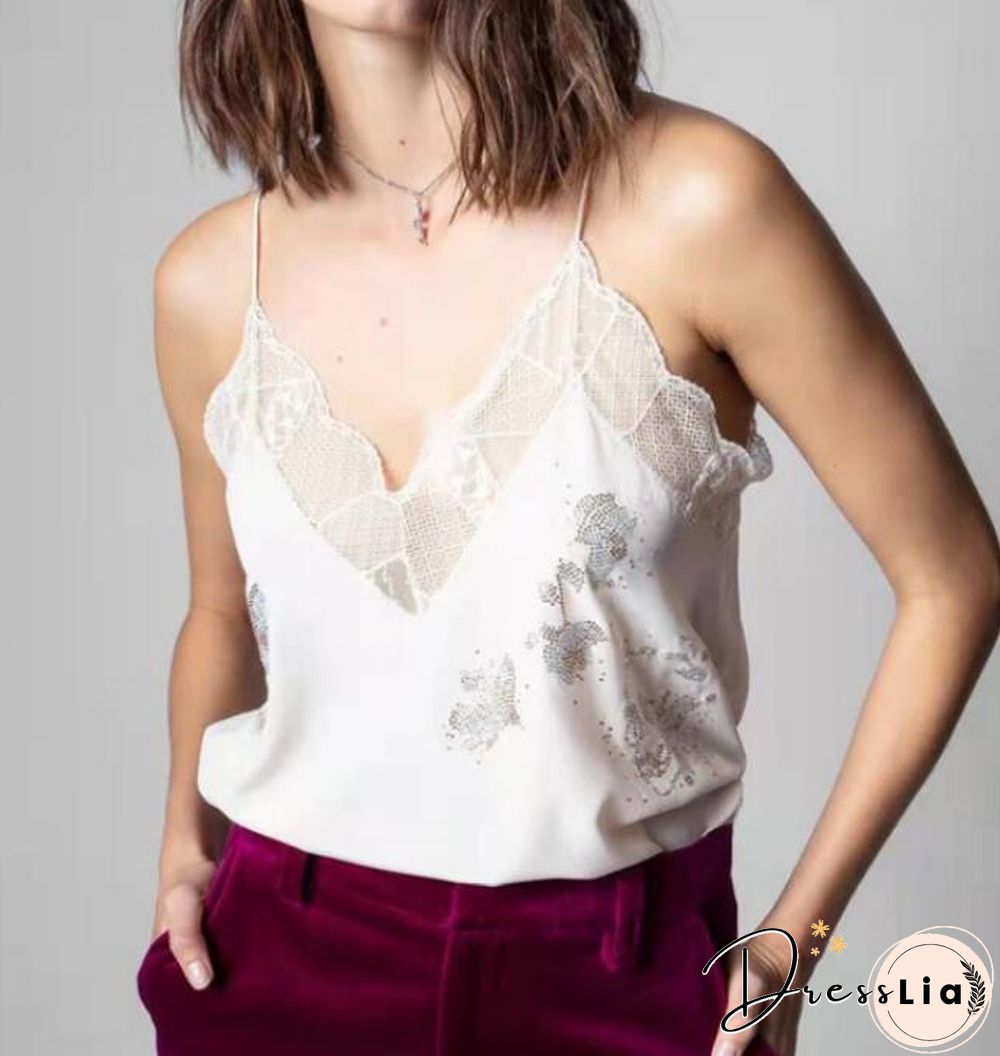 Silk Women New Style Romantic Neckline Exquisite Lace Stitching Letter Printing Girls Camis Vest