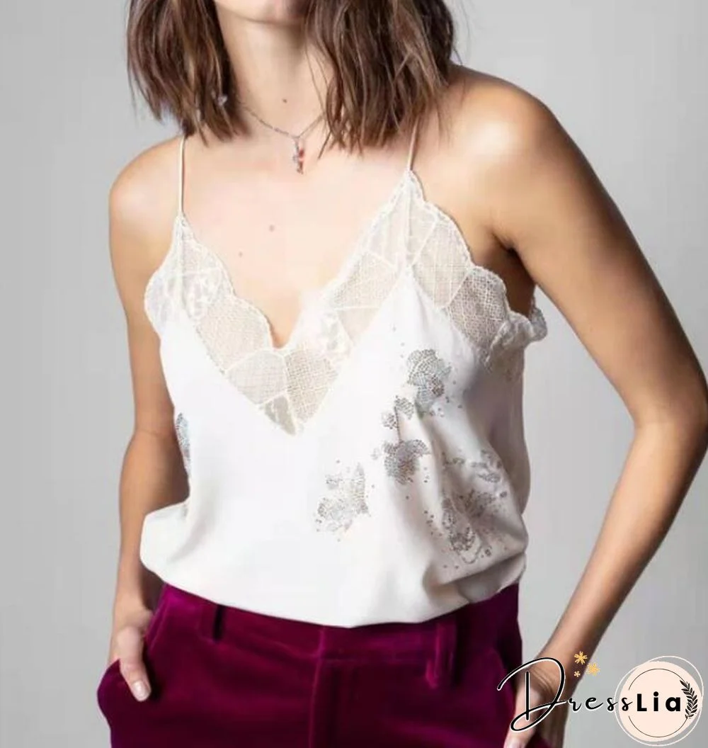 Silk Women New Style Romantic Neckline Exquisite Lace Stitching Letter Printing Girls Camis Vest