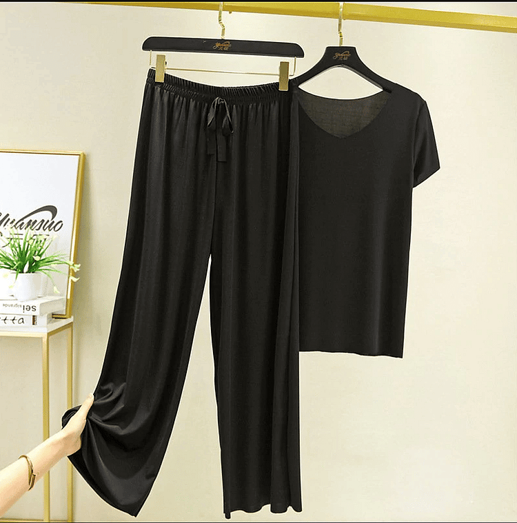 (💥Mother's Day Sale💥- 48 % OFF)Soft Comfortable Ice Silk Short Sleeve T-Shirt Two Piece Set Loose Wide-leg Pants