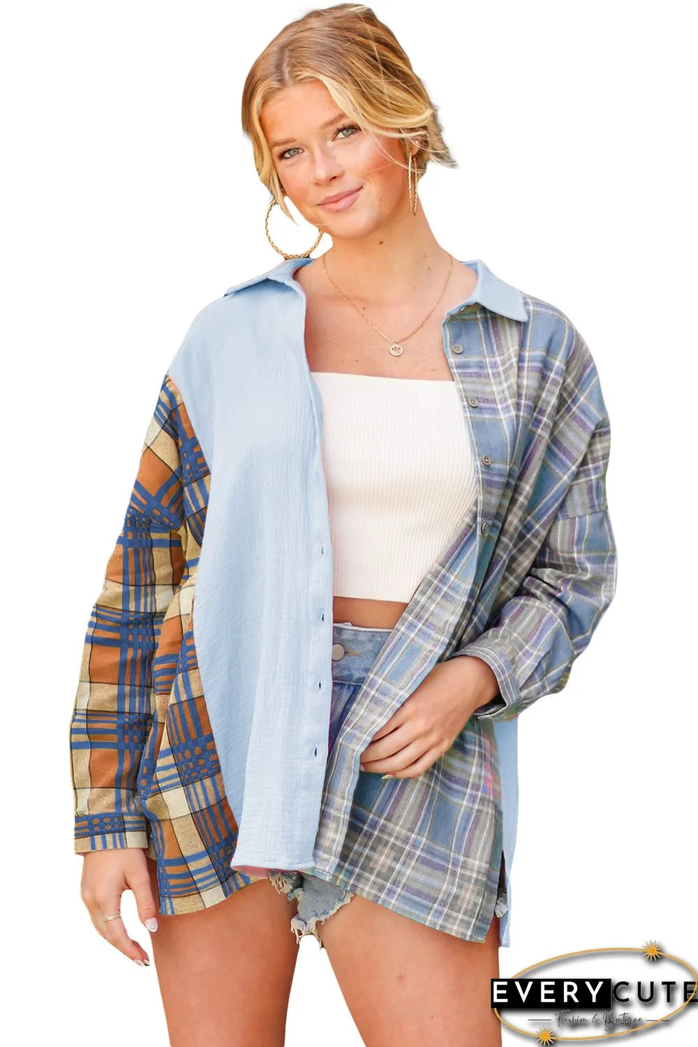 Sky Blue Pink Plaid Contrast Color Block Shirt with Slits