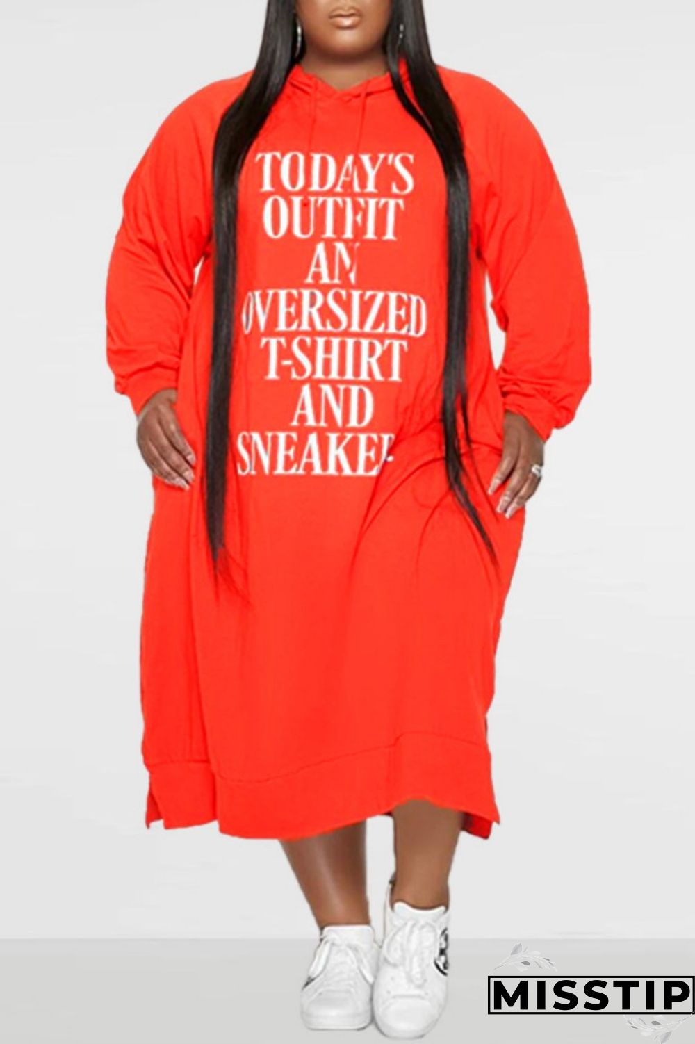 Tangerine Red Fashion Casual Letter Print Basic Hooded Collar Long Sleeve Plus Size Dresses