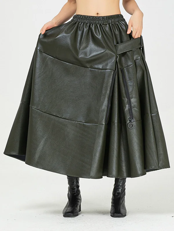 Antique Leather Big Button And Zipper Skirt