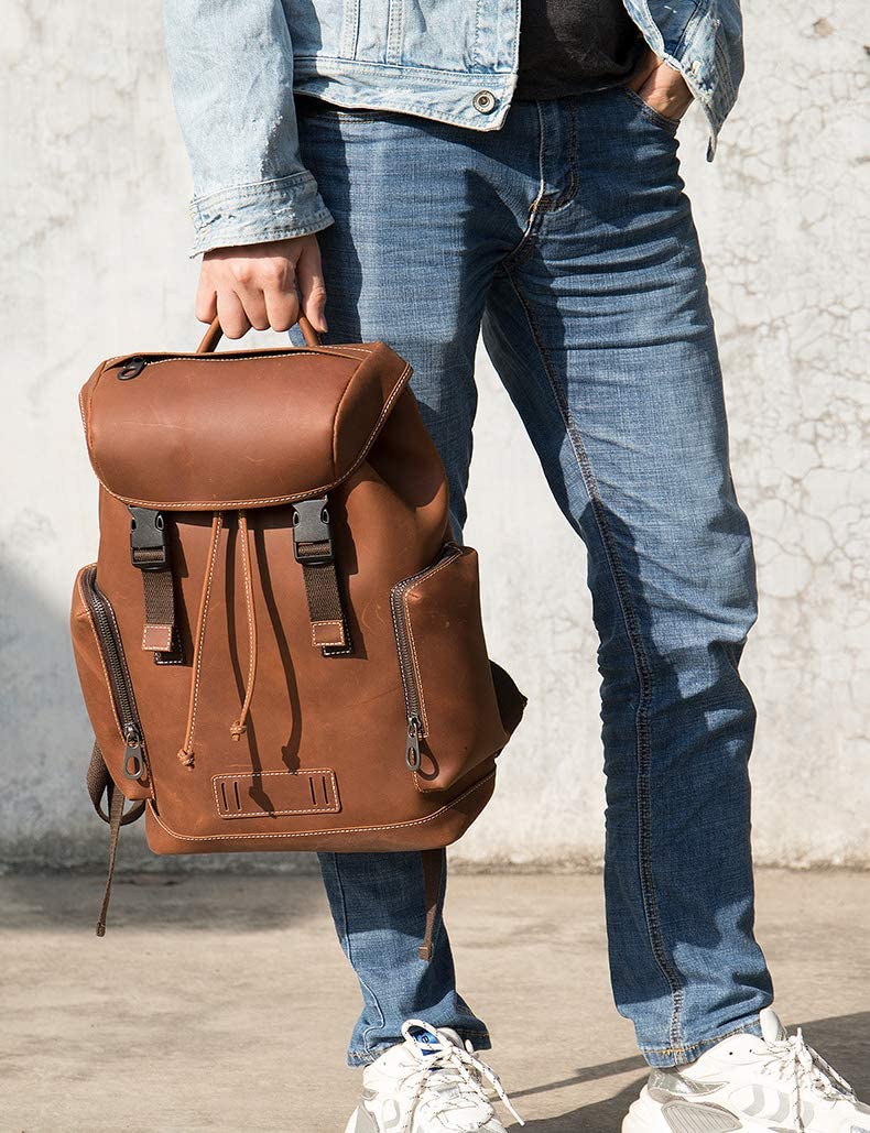 Men's Crazy Horse Leather Backpack Vintage Travel Office School Top Handle Bag