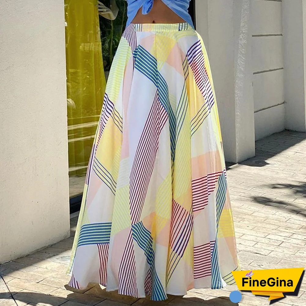Stylish Women High Waist Maxi Skirt Holiday Summer Casual Loose Stripe Long Skirts